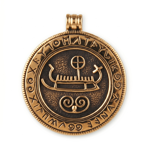 Bronzový amulet Vikingská loď s runami