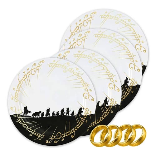 Sada tanierov a krúžkov na obrúskoch Pána prsteňov Sada tanierov a krúžkov na obrúskoch Pána prsteňov