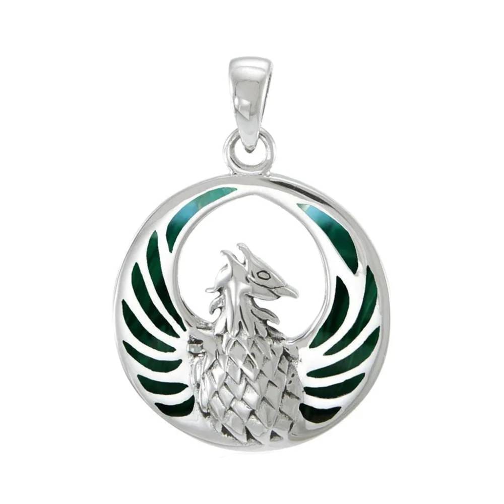 Strieborný prívesok Fénix s malachitmi (Ag 925)